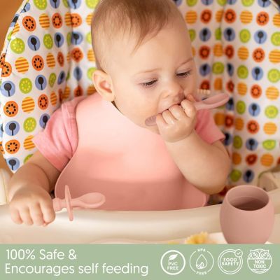 Toddler Silicone Feeding Set Led Weaning Utensils, Silicone Bibs Feeding Cups Smooth Waterproof Material For Practical Eating, Set of 8