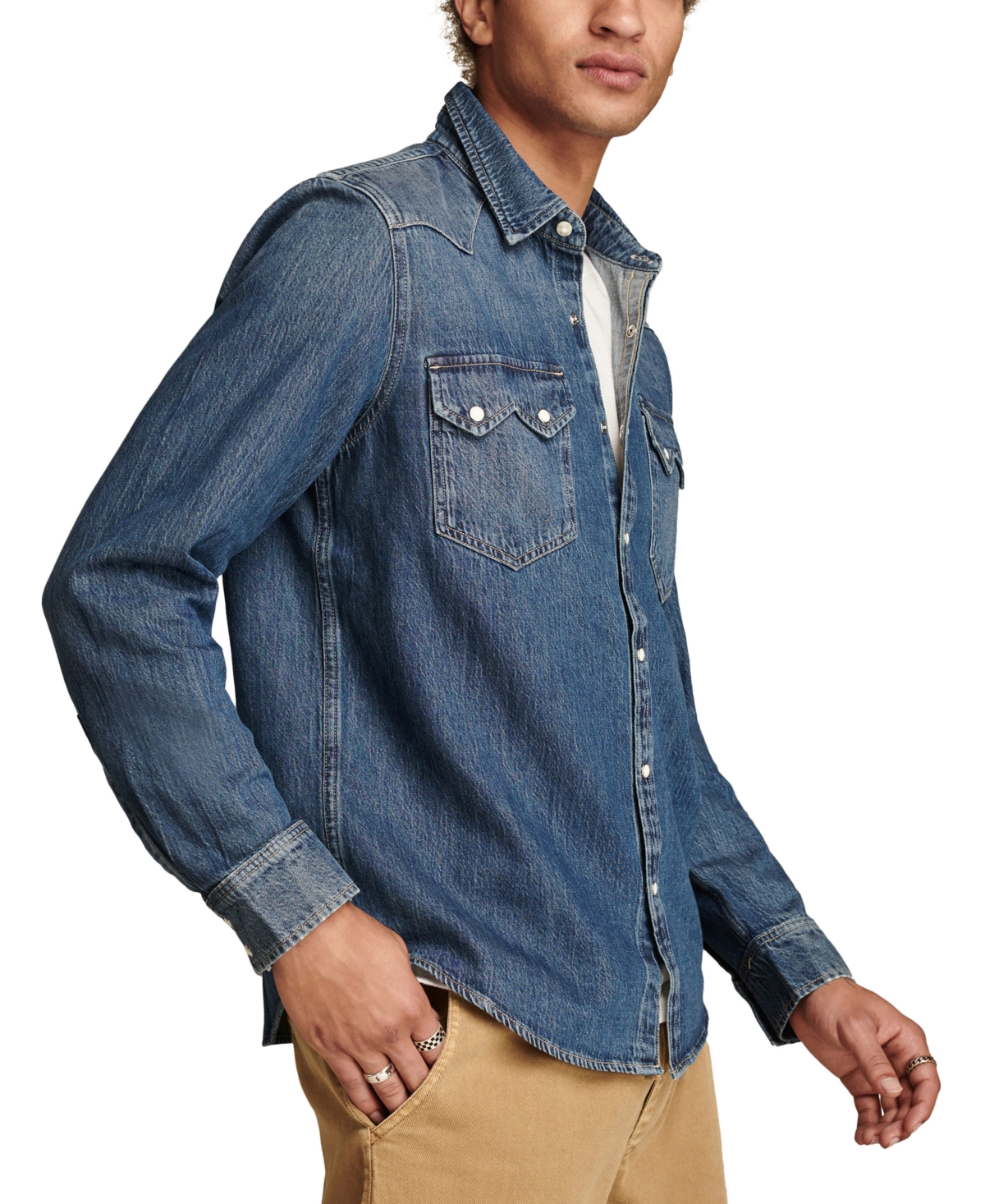 Lucky Brand Men's Double Snap Long Sleeve Western Denim Shirt