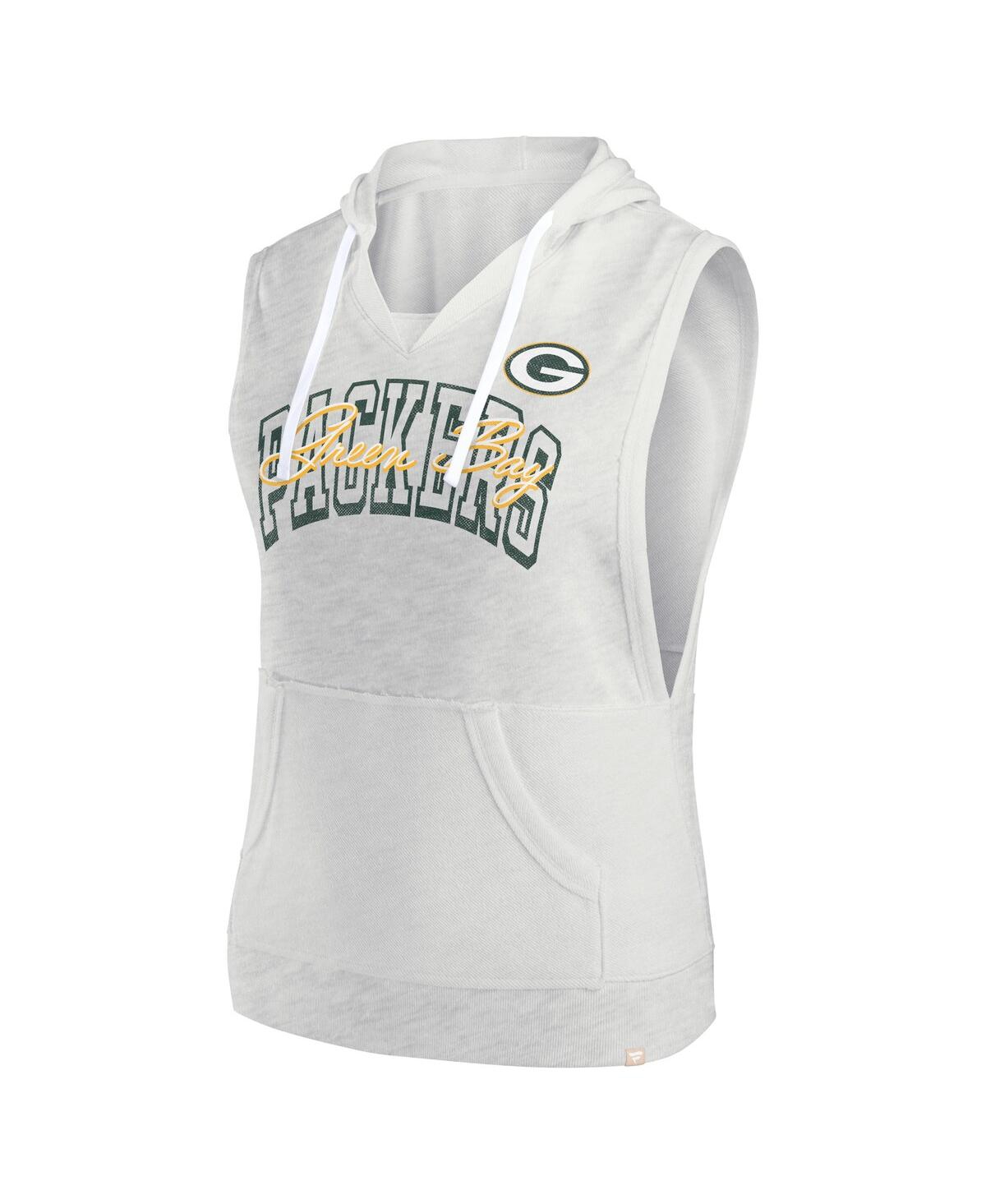 Fanatics Women's Oatmeal Green Bay Packers Lounge Script Sleeveless V-neck Pullover Hoodie In Oatmeal,white
