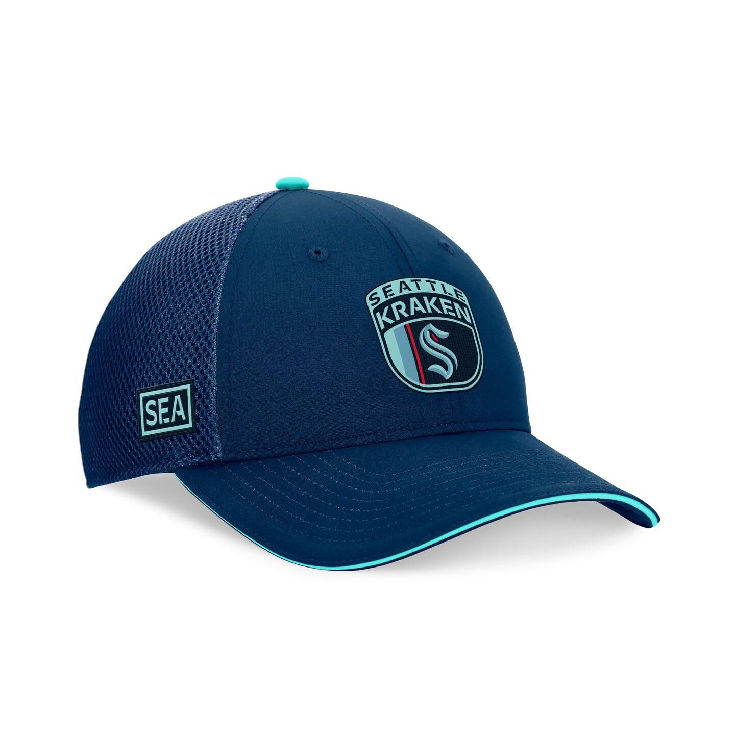 Мужская кепка Fanatics Deep Sea Blue Seattle Kraken 2024 NHL Draft on Stage Trucker Adjustable Hat — фото 1