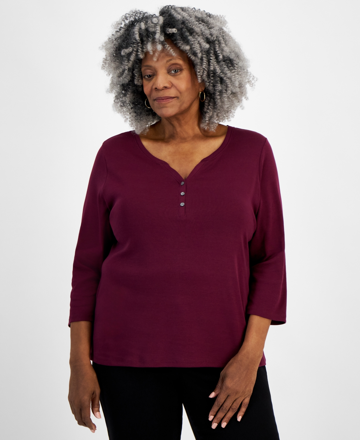 Plus Size 3/4-Sleeve Cotton Henley Top, Exclusively at Macy's - Berried Treasur