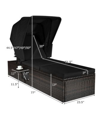 Set of 2 Rattan Patio Chaise Lounge Chair W/ Adjustable Canopy Black Cushion