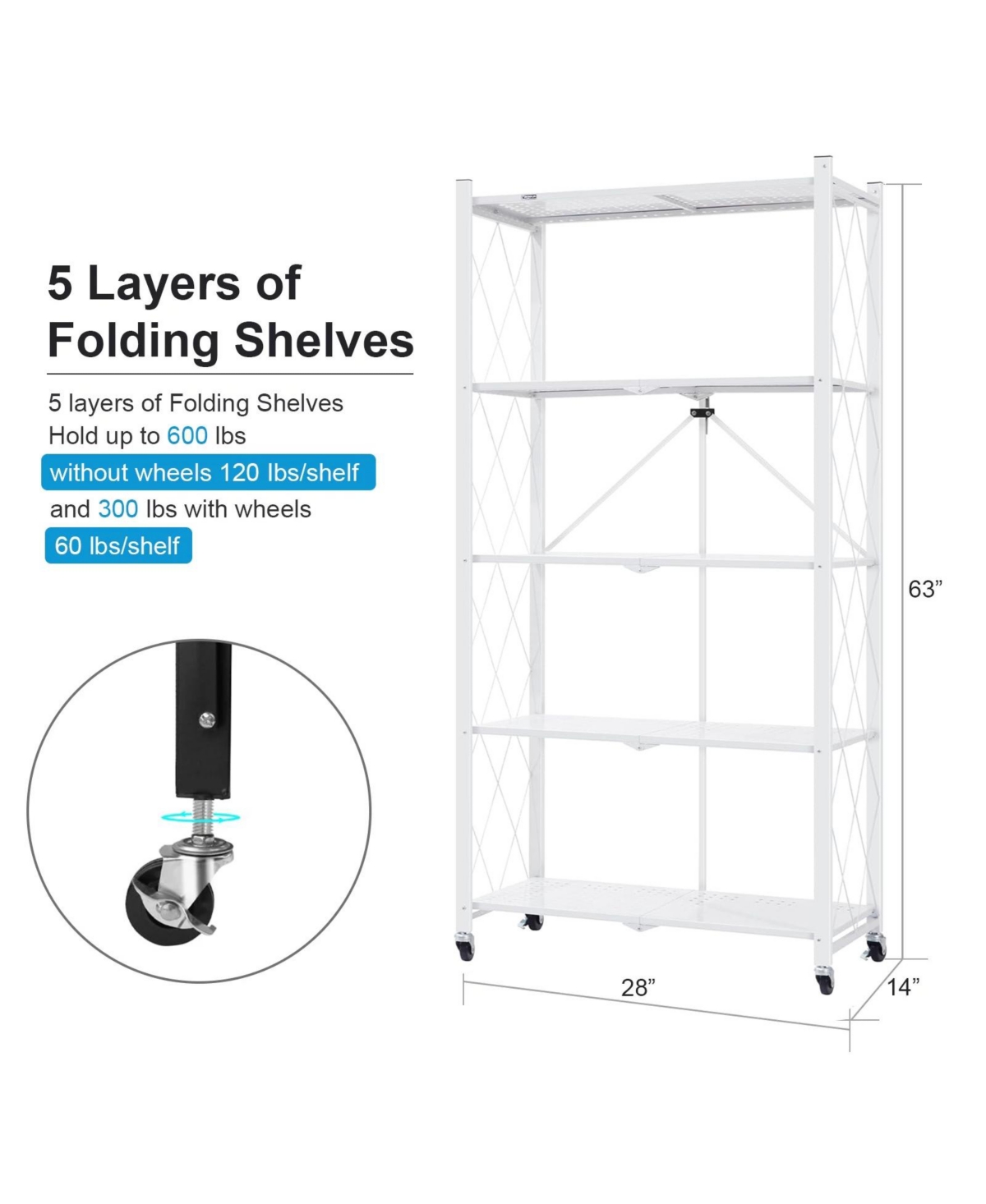 Sugift 5-Tier Folding Storage Shelves Metal Folding Shelves with Wheels, 750Lbs Capacity,- White