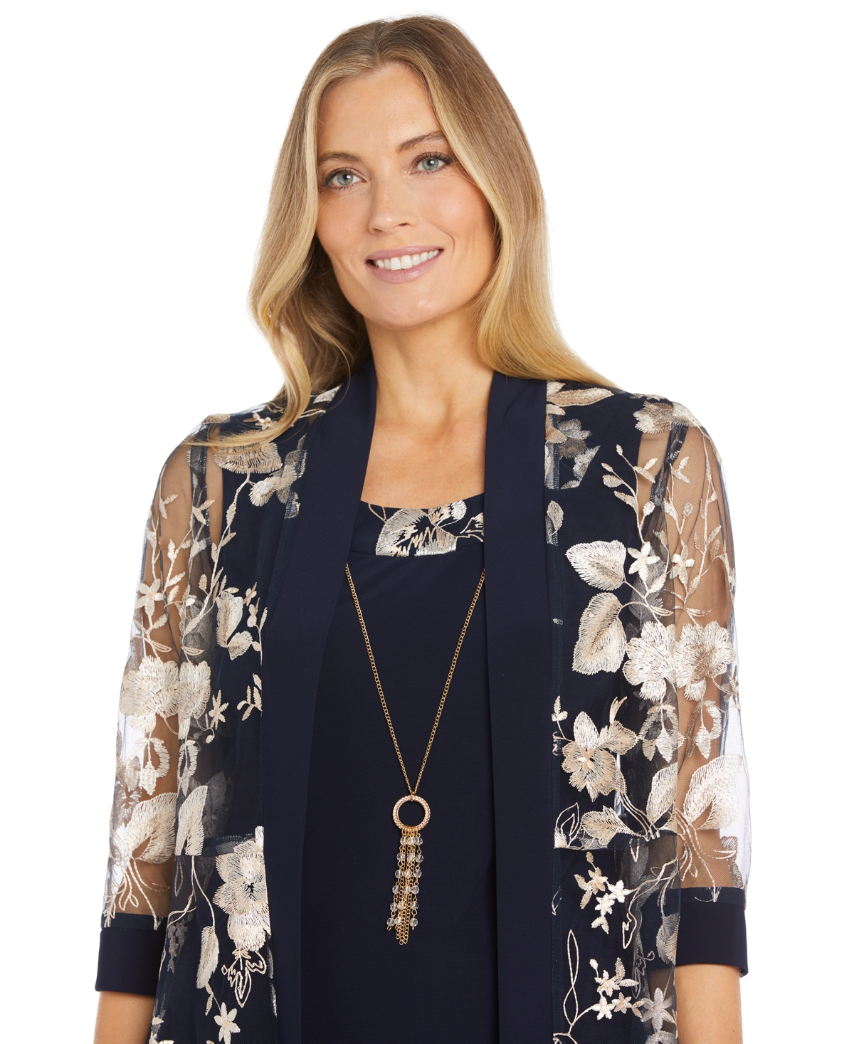 R & M Richards Women's 2-Pc. Embroidered Jacket & Necklace Dress Set -Champagne