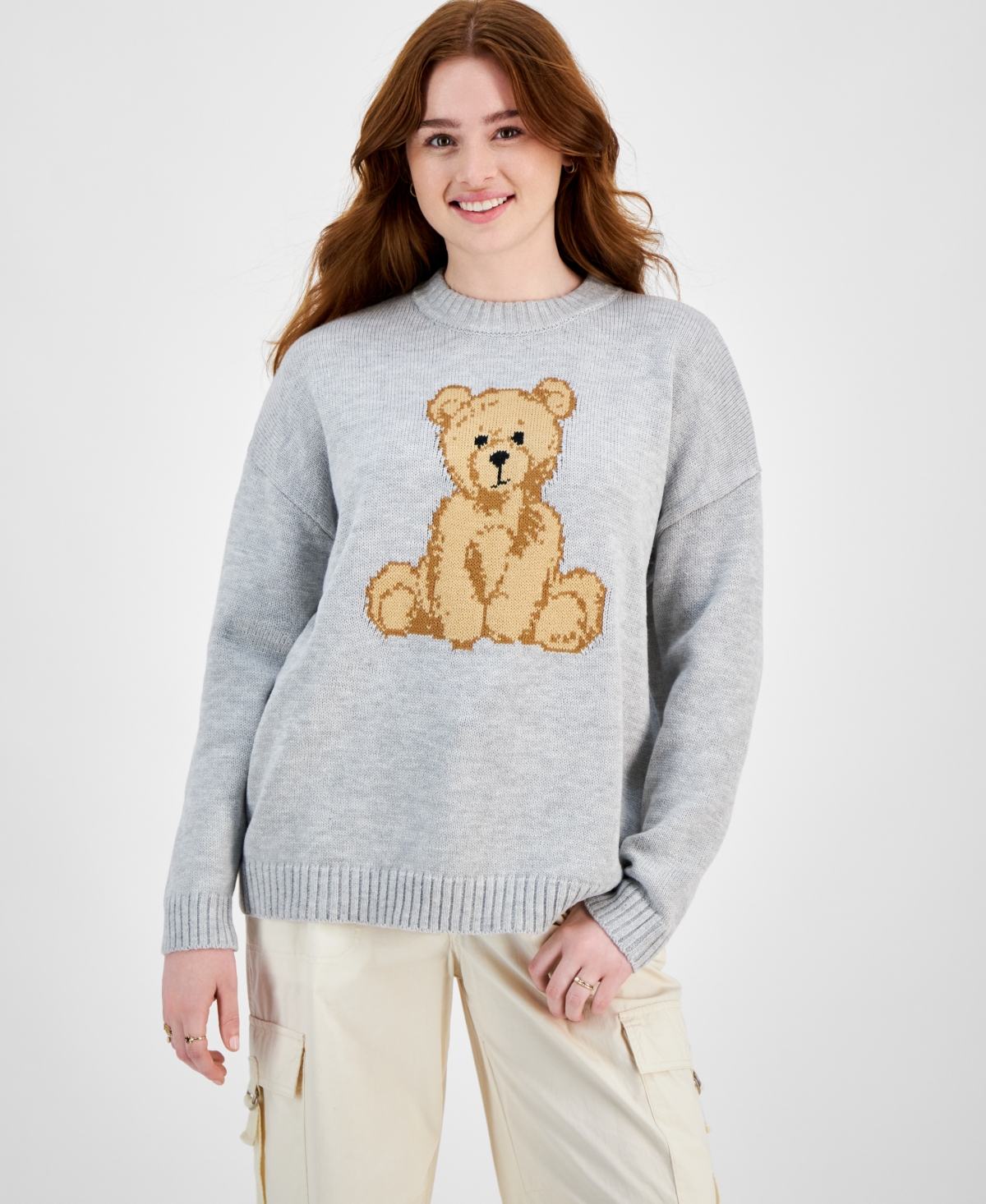 Juniors' Teddy Bear Tunic Sweater - Heather Grey