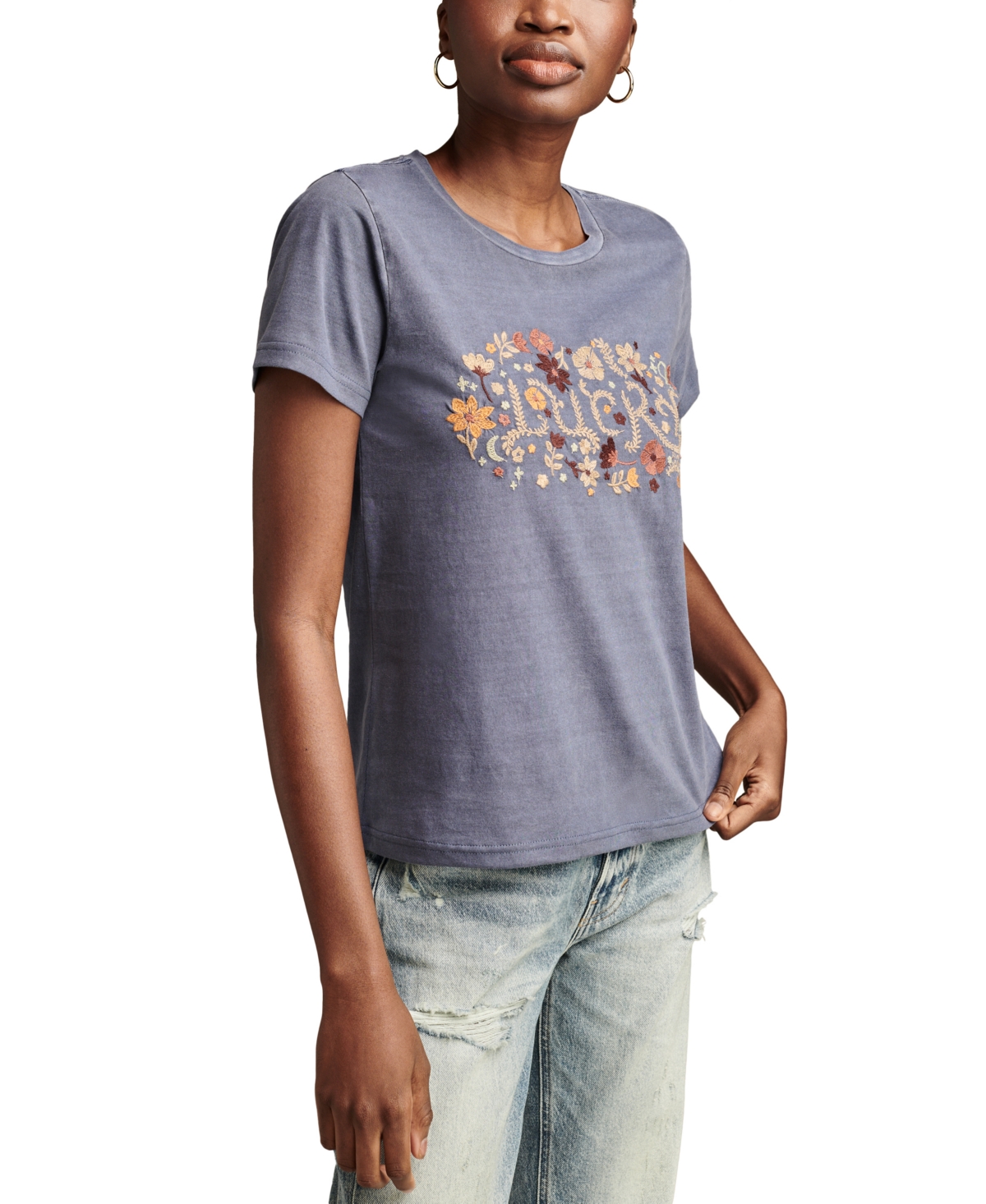 LUCKY BRAND WOMEN'S COTTON LUCKY FLORAL EMBROIDERED T-SHIRT 