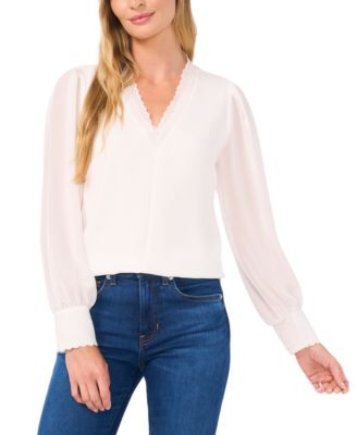 (取寄) シーシー レディース ロング スリーブ V-ネック ブラウザ カフ CeCe women Long Sleeve V-Neck Blouse W/Smocking Cuff Rich Black CeCe Women's Scalloped V-Neck Long-Sleeve Smocked-Cuff