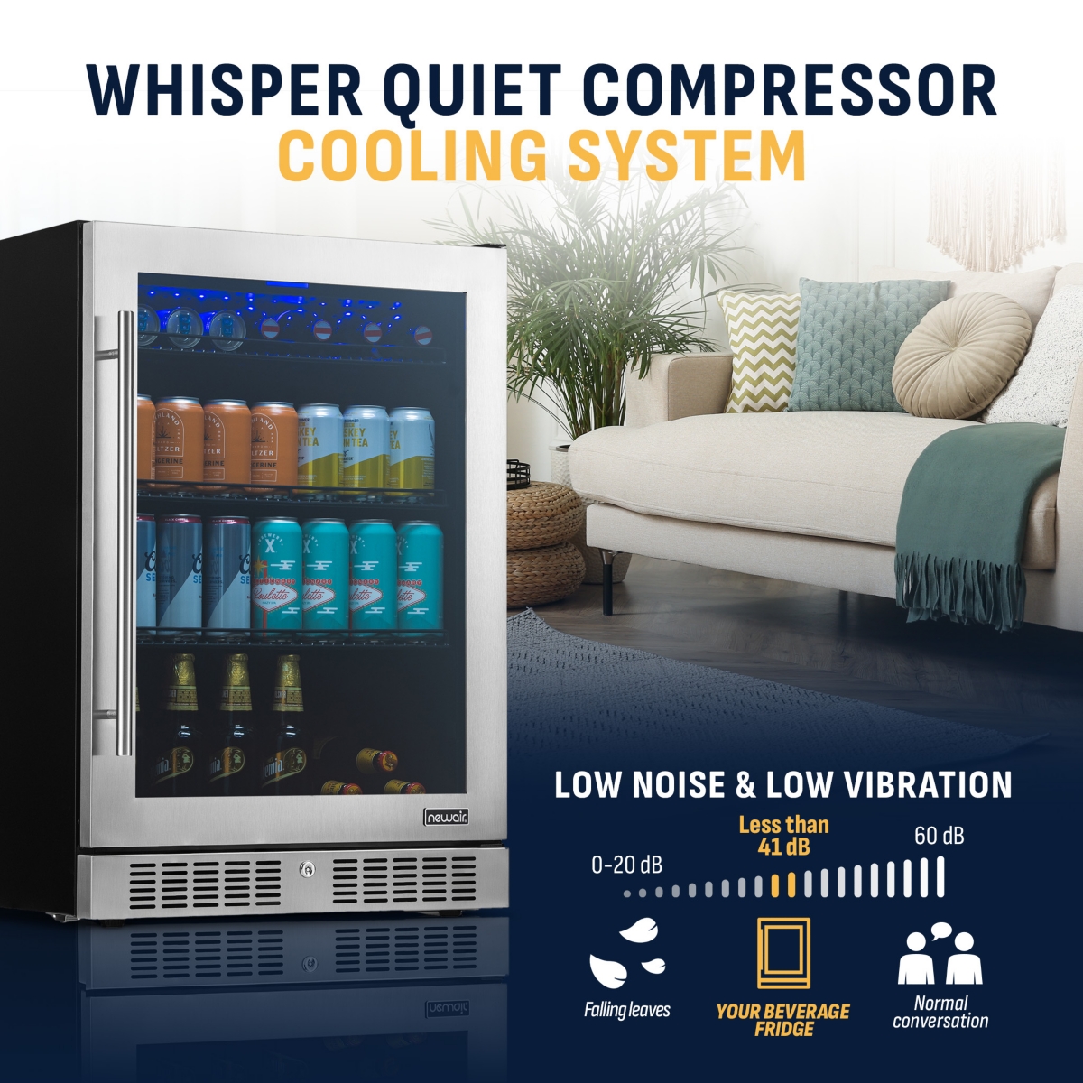 Newair 24" Built-in Premium 224 Can Beverage Fridge with Color Changing Led Lights, Seamless Stainless Steel Door and Precision Temperature Contr