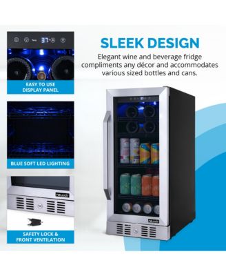 15" FlipShelf Wine and Beverage Refrigerator, Reversible Shelves Hold 80 Cans or 33 Bottles, Stainless Steel & Double-Layer Tempered Glass Door, Quiet Compressor Cooling, Compact Wine Cellar, Built-in Counter or Freestanding Fridge for Reds