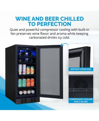 Wine & Beverage Refrigerator – 15" FlipShelf, Dual Zone, 80 Cans/33 Bottles, Black Stainless, Glass Door, Quiet Cooling, Built-in/Freestanding