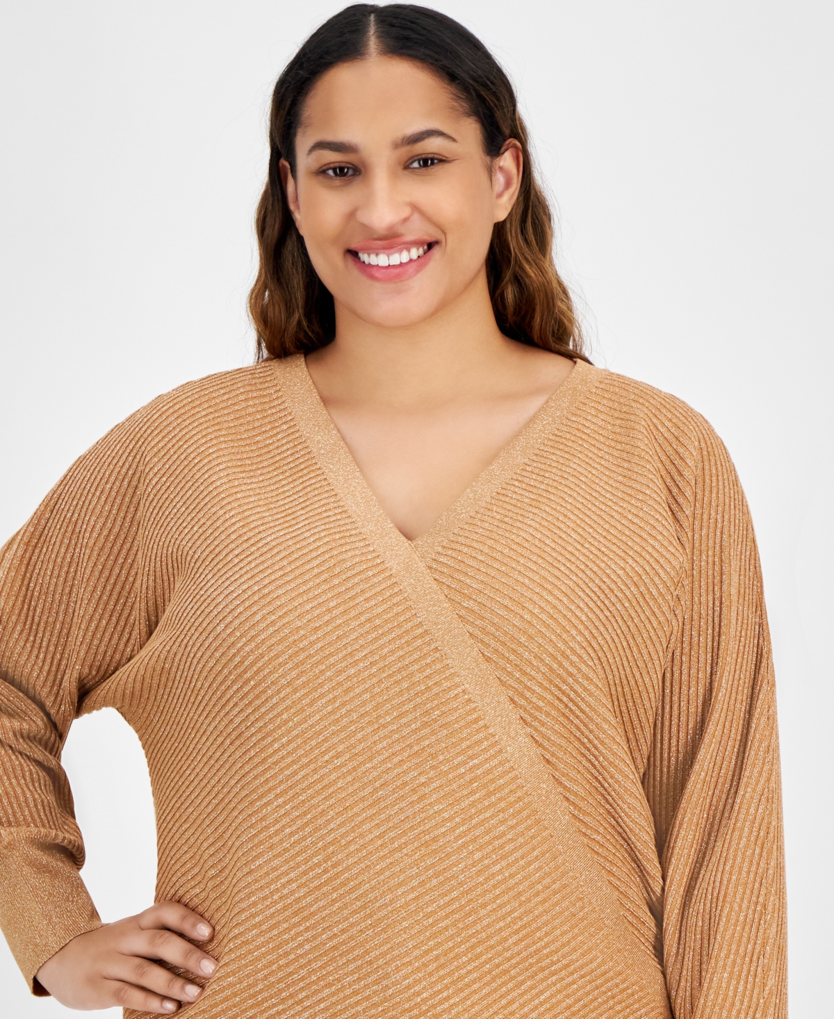 JM COLLECTION PLUS SIZE METALLIC WRAP SEATER, CREATED FOR MACY'S 
