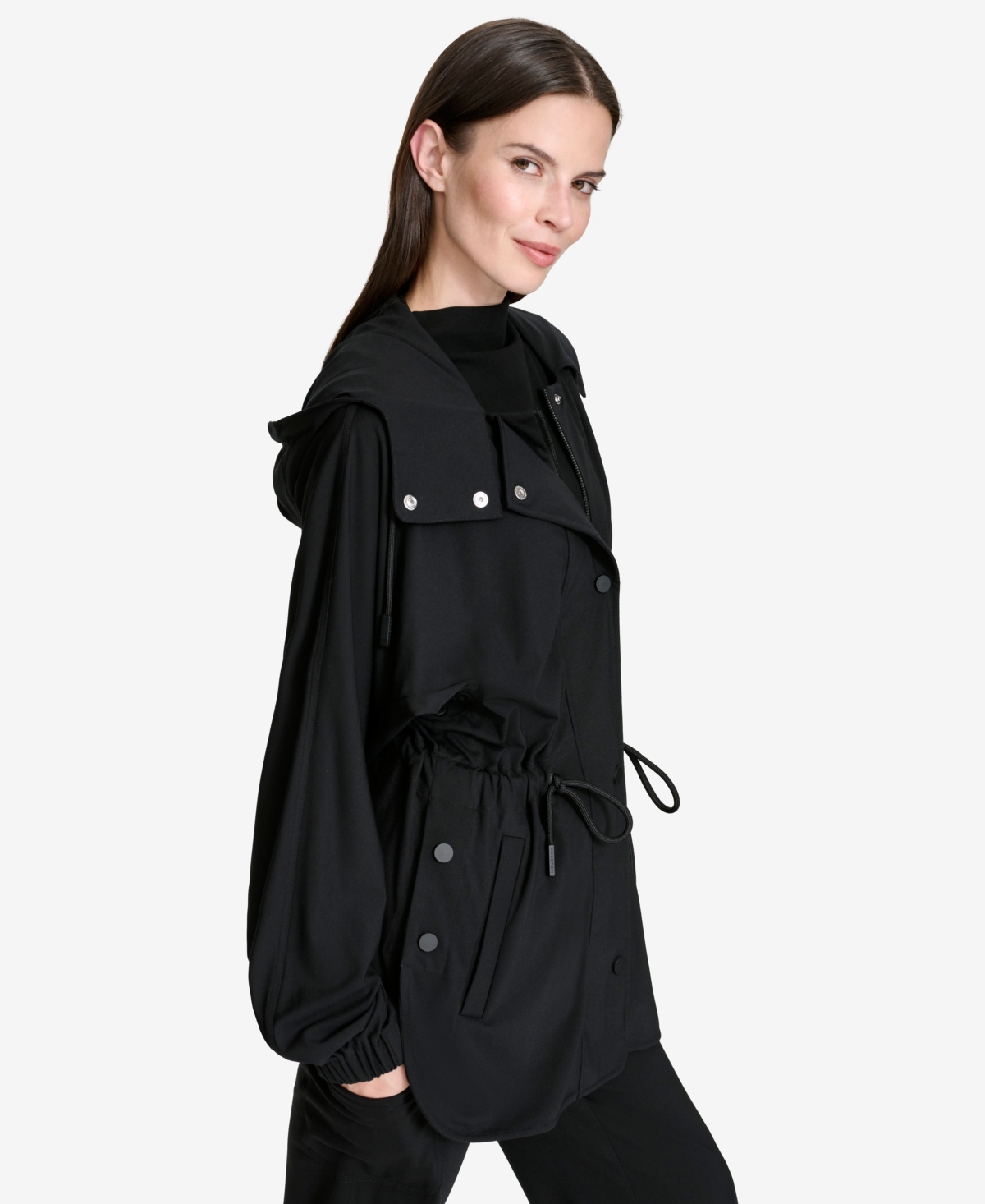 Halston Women's Hooded Drawcord-Waist Snap-Front Jacket