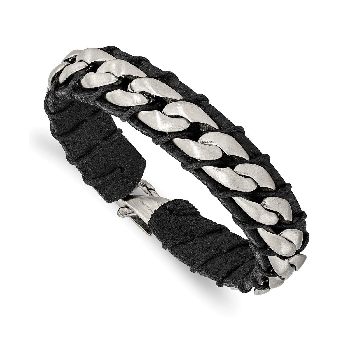 Stainless Steel Brushed Curb Chain and Black Leather Bracelet - Black