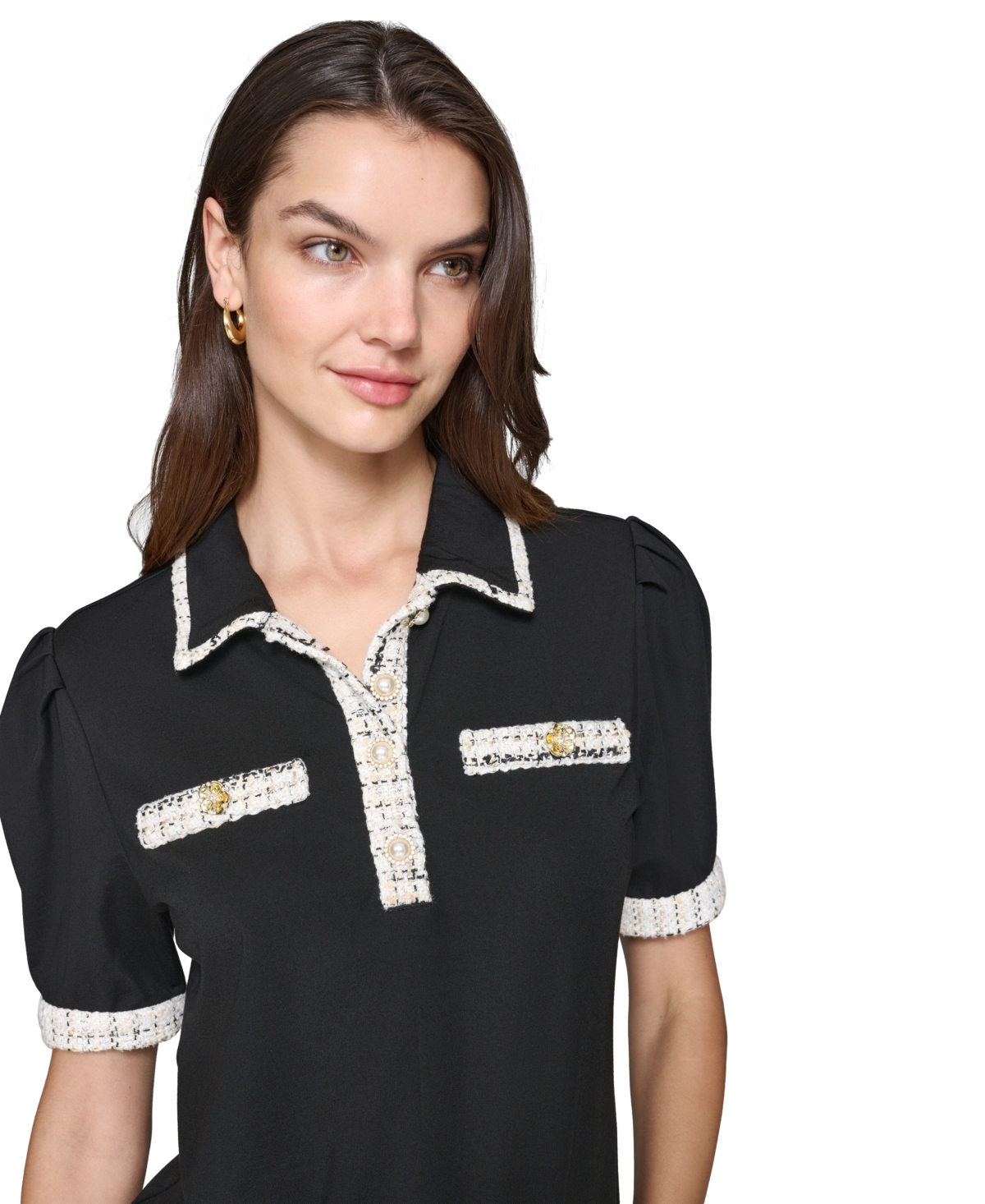 Karl Lagerfeld Paris Women's Tweed-Trim Polo Top