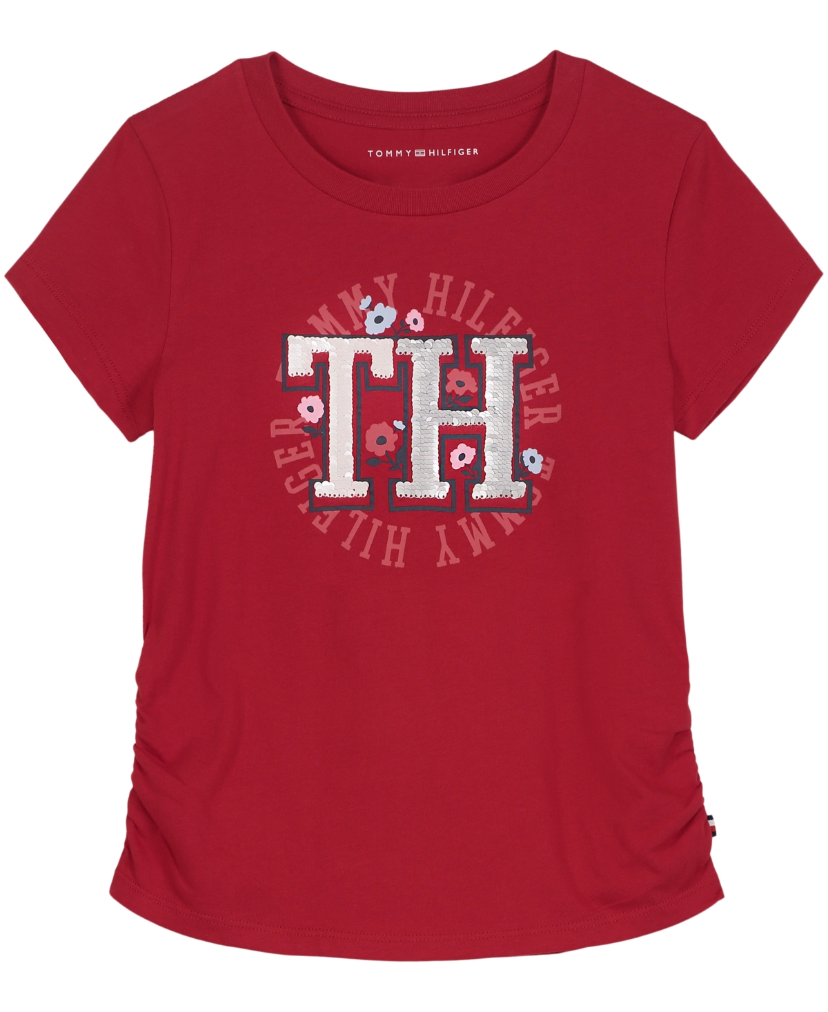 Tommy Hilfiger Big Girls Script Floral Sequin Short Sleeve Tee