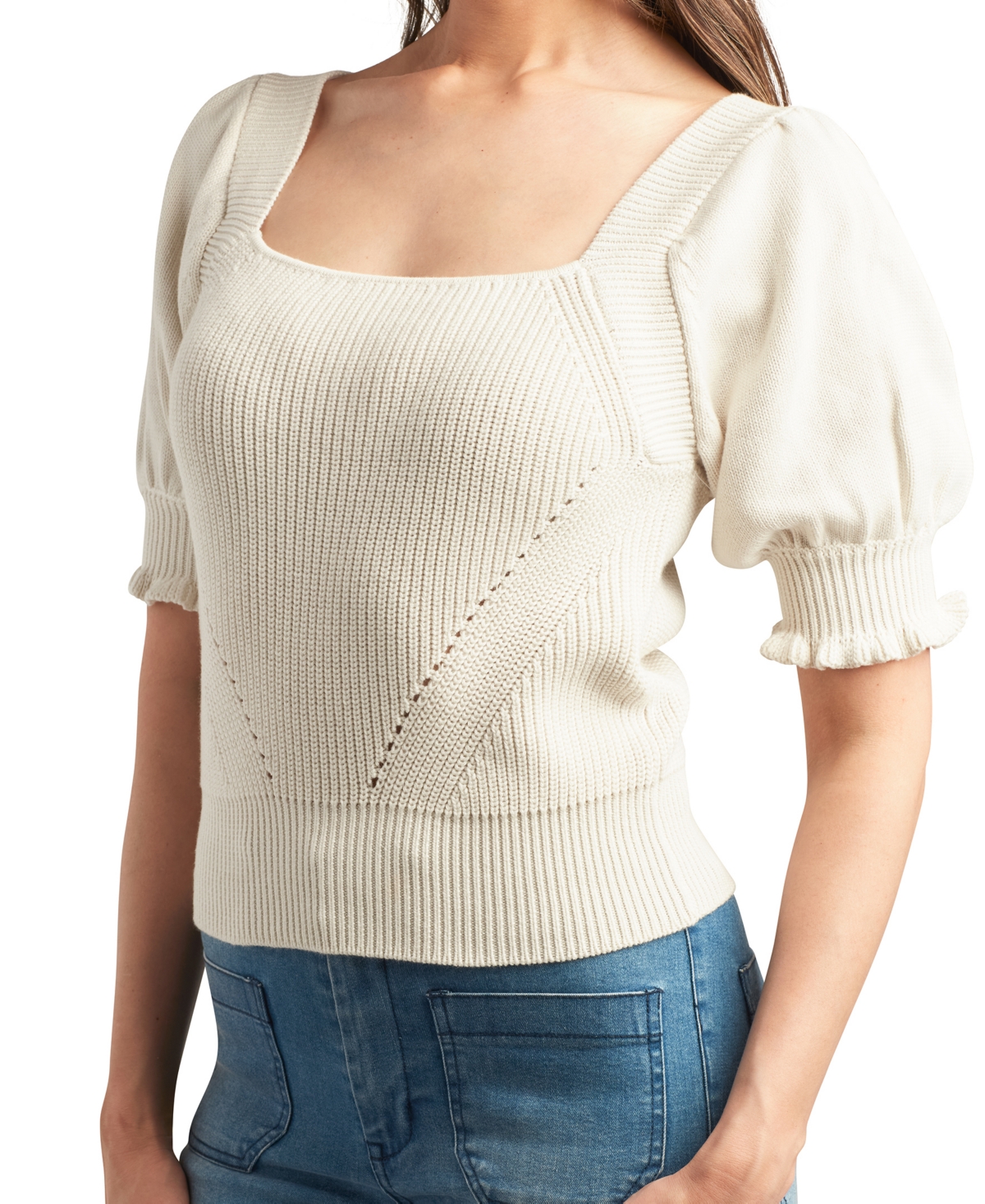 Bcx Junior's Rib-Knit Square-Neck Puff-Sleeve Sweater