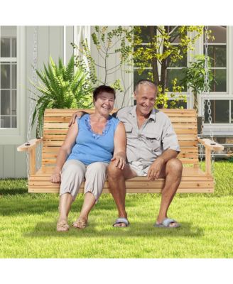 2-seat Wood Swing Bench with Folding Cup Holder and Sturdy Metal Hanging Chains