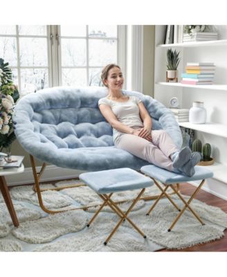 Janey Folding Double Saucer Chair With 2 Ottomans And Steel Frame For Dorm Or Bedroom