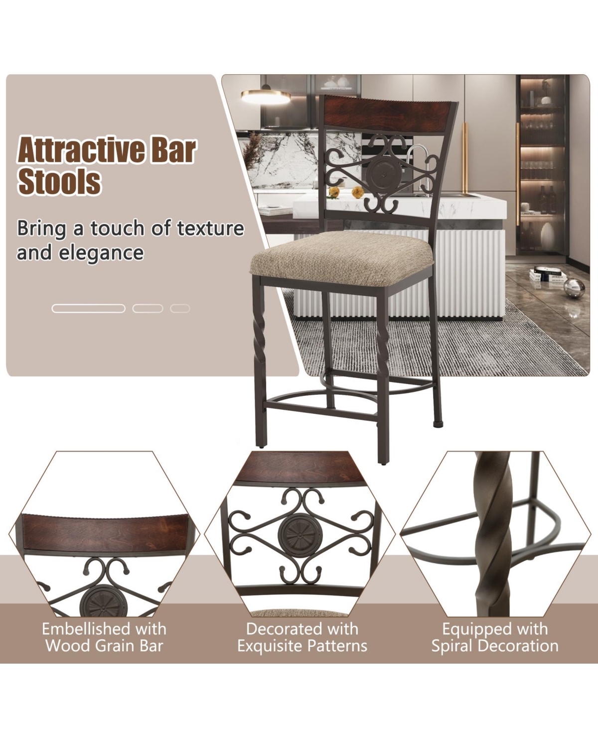 Slickblue Set of 2 25 inches Bar Stools with Rust-proof Metal Frame and Soft Sponge Seat- Brown