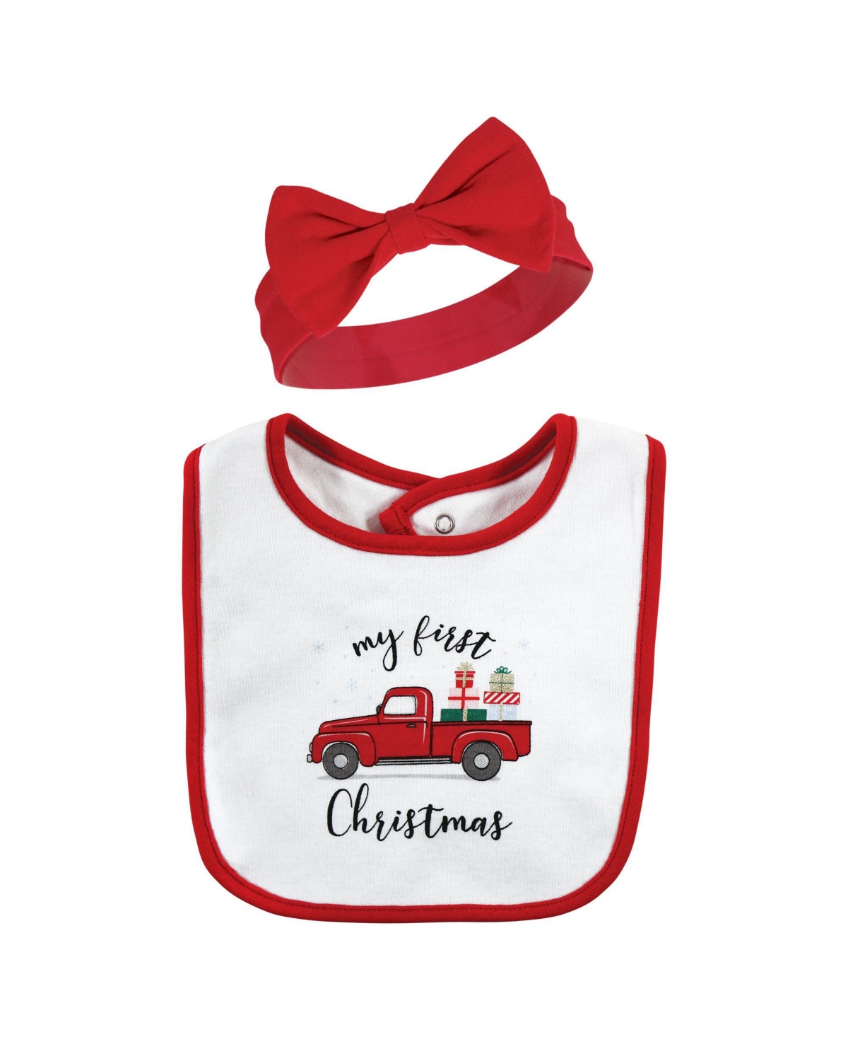 Hudson Baby Baby Girls Cotton Bib and Headband or Caps Set, One - Red truck bows