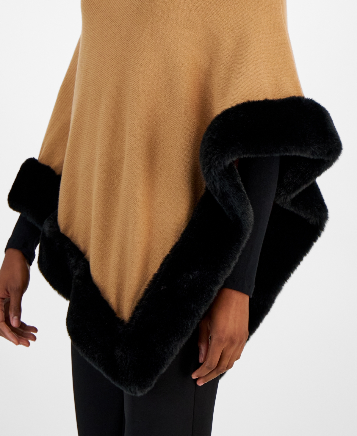 Anne Klein Women's Faux Fur Trim Poncho Cape -Anne Black