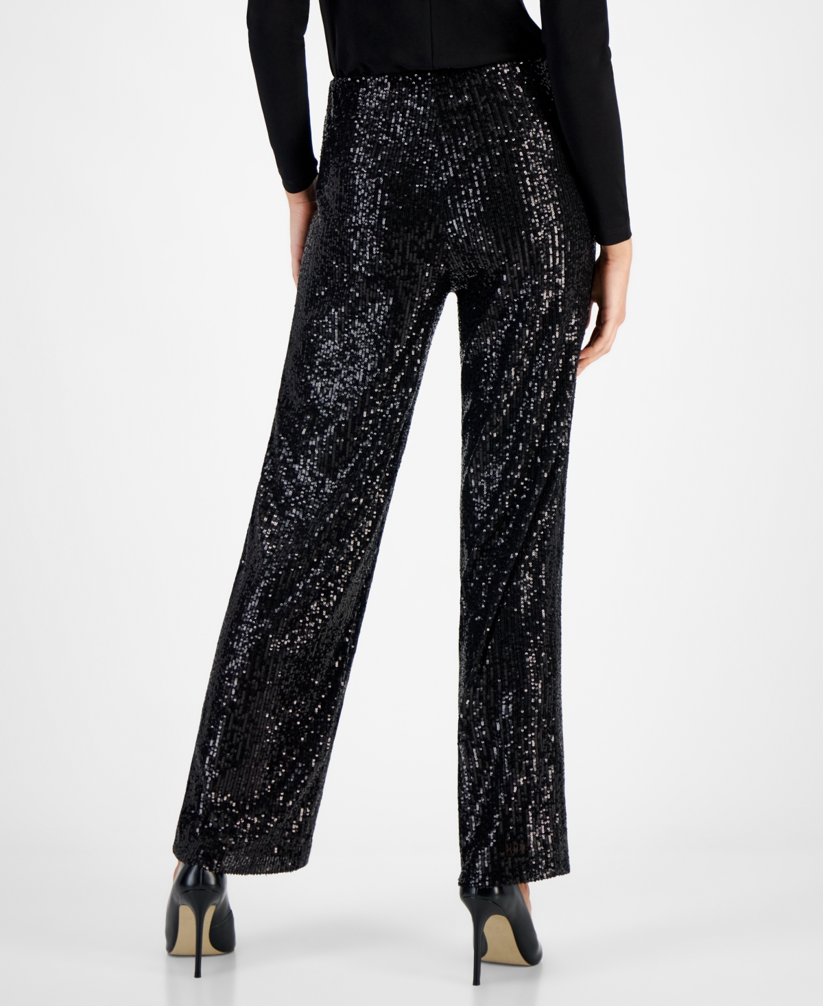 Anne Klein Sequin Hollywood Waistband Straight Leg Pants In Anne Black