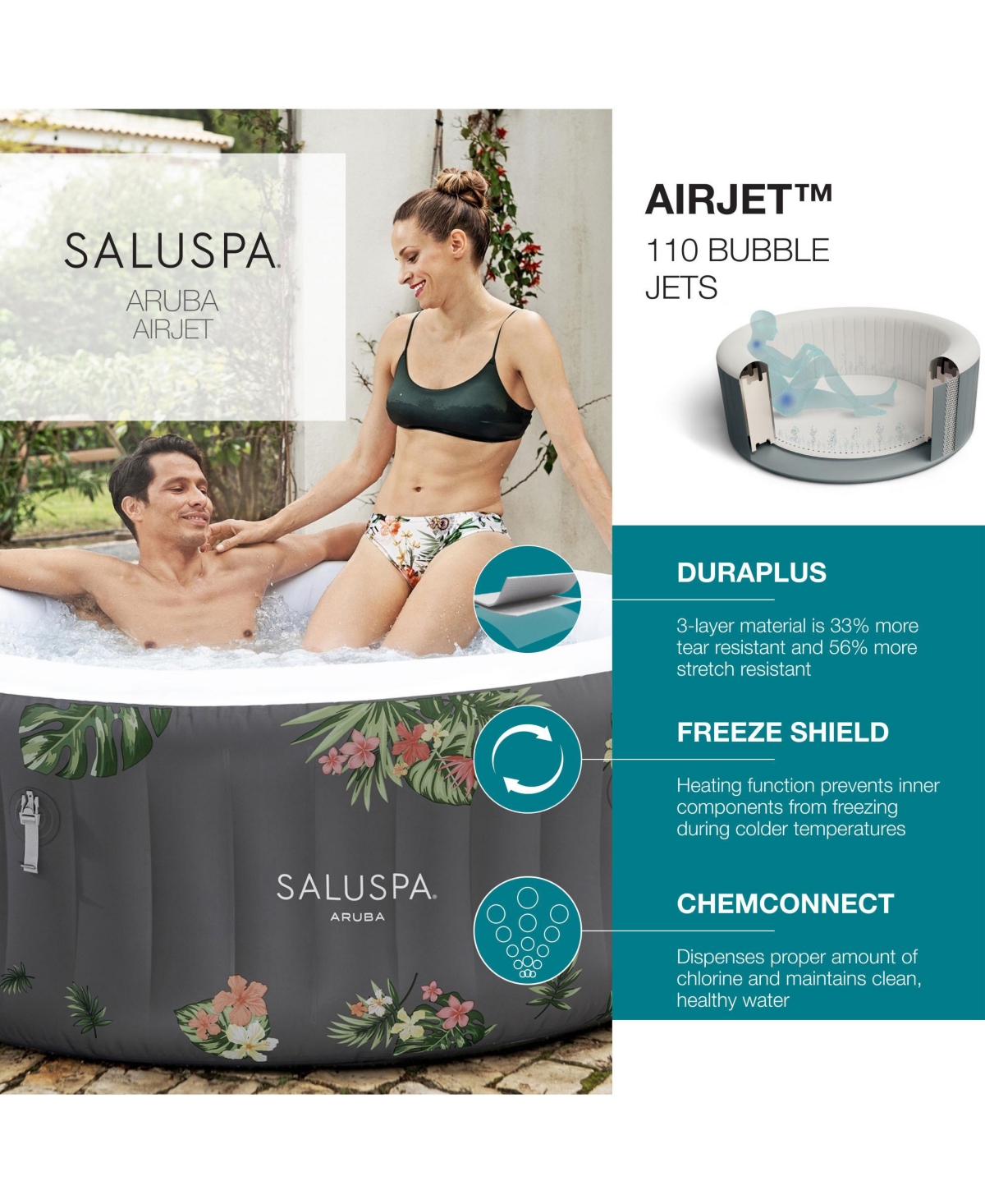 Bestway SaluSpa Aruba AirJet Inflatable Hot Tub with 110 Soothing Jets, Gray - Gray with flowers