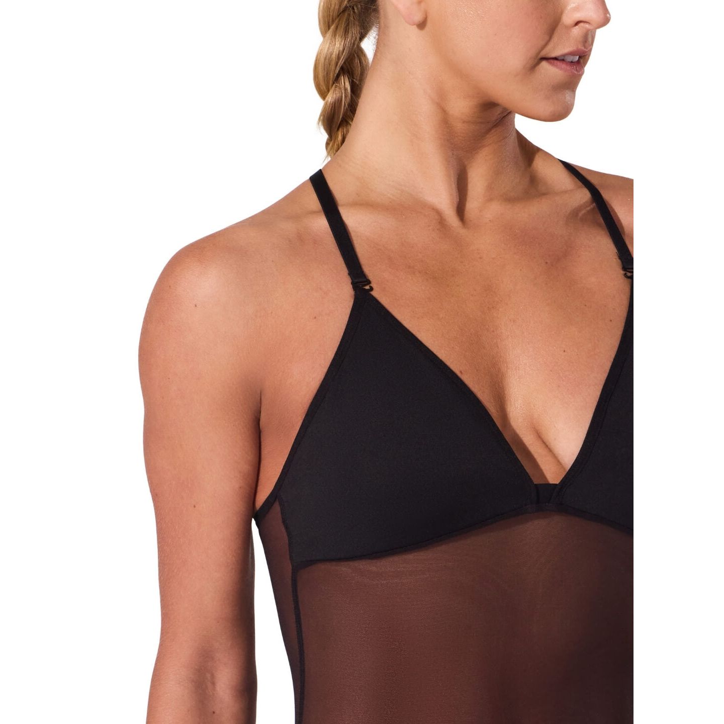 Женский топ Capezio Plunge Neck Mesh Midriff Leotard, цвет: Чёрный — фото 3
