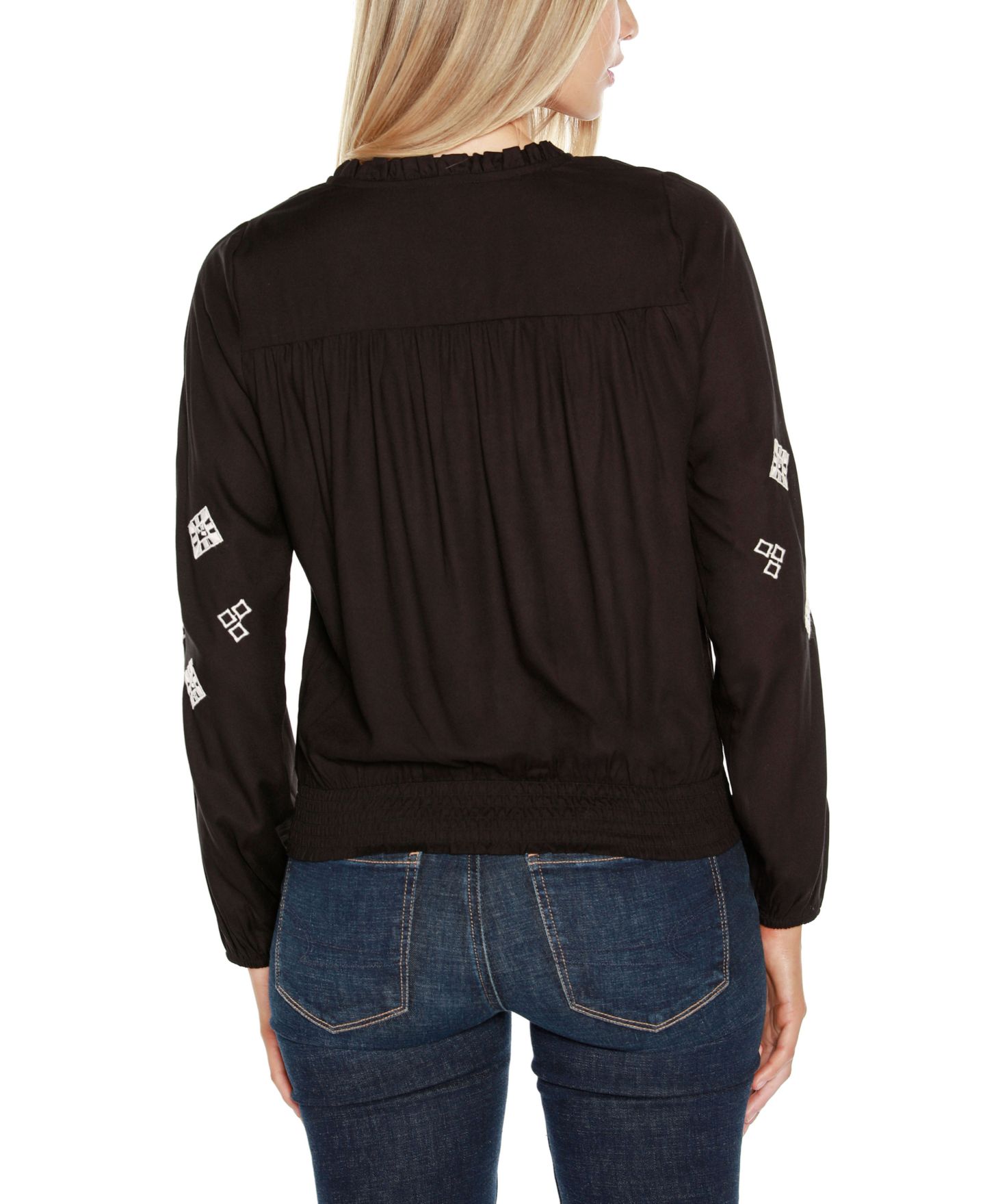 Женская блузка Belldini Black Label Embroidered Blouson Sleeve V-Neck Blouse Top, цвет: Чёрный — фото 4