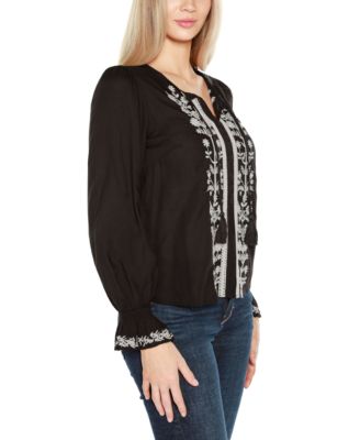 Black Label Women’s Tie-Neck Embroidered-Front Blouse Top