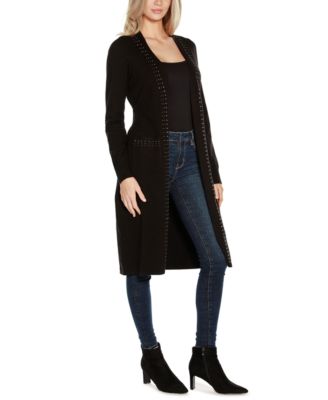 Black Label Women’s Rhinestone-Trim Belted Duster Cardigan ZIP UP sweater
