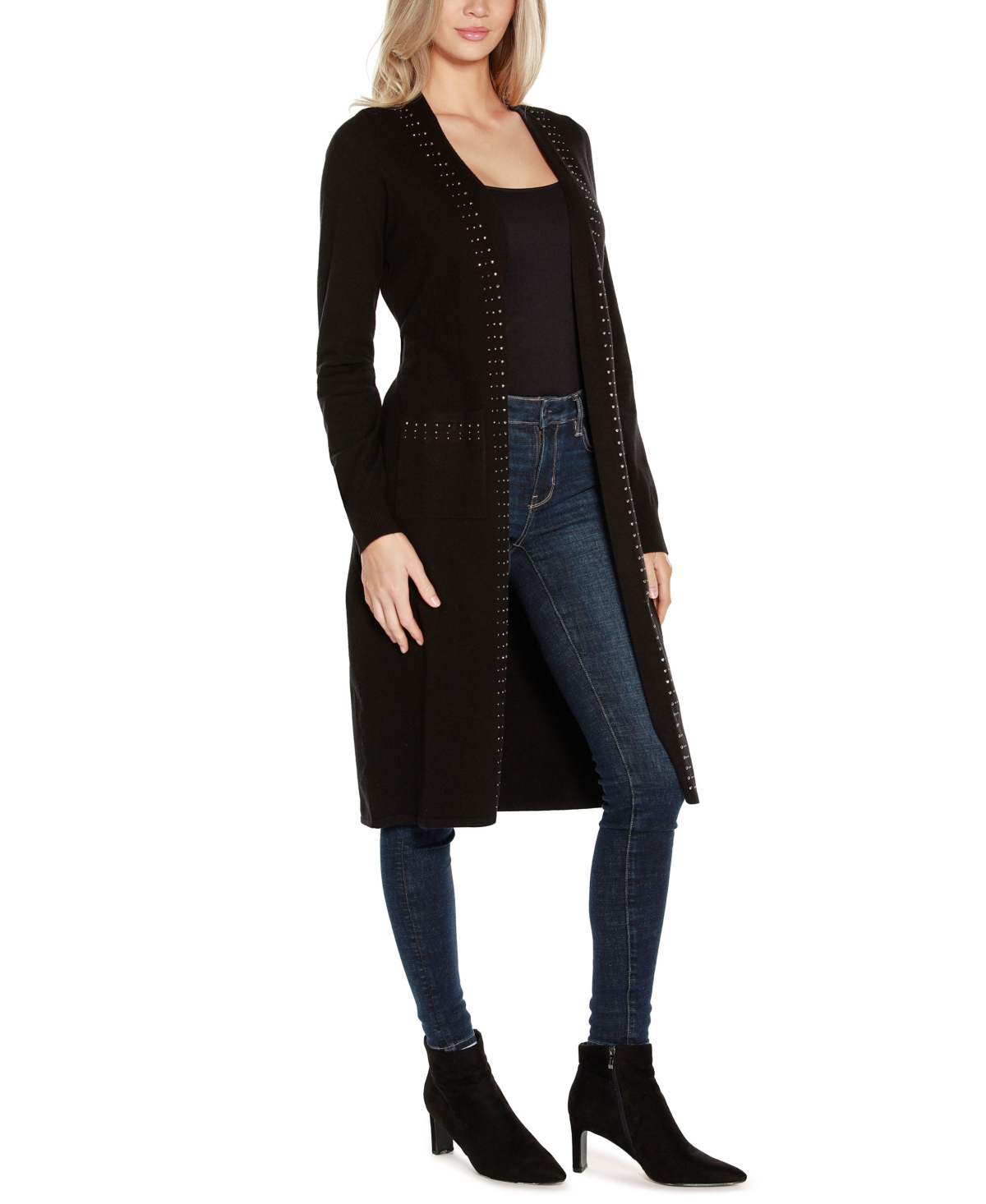 BelldiniLabel Women's Rhinestone-Trim Belted Duster Cardigan Zip Up sweater - Black