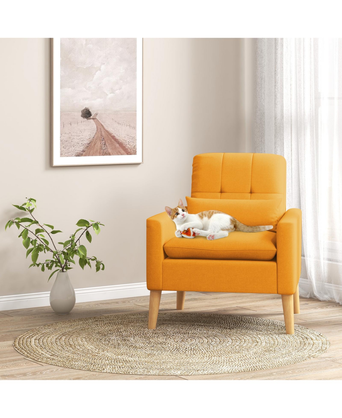 Slickblue Accent Chair with Lumbar Pillow Natural Rubber Wood Legs Padded Cushions