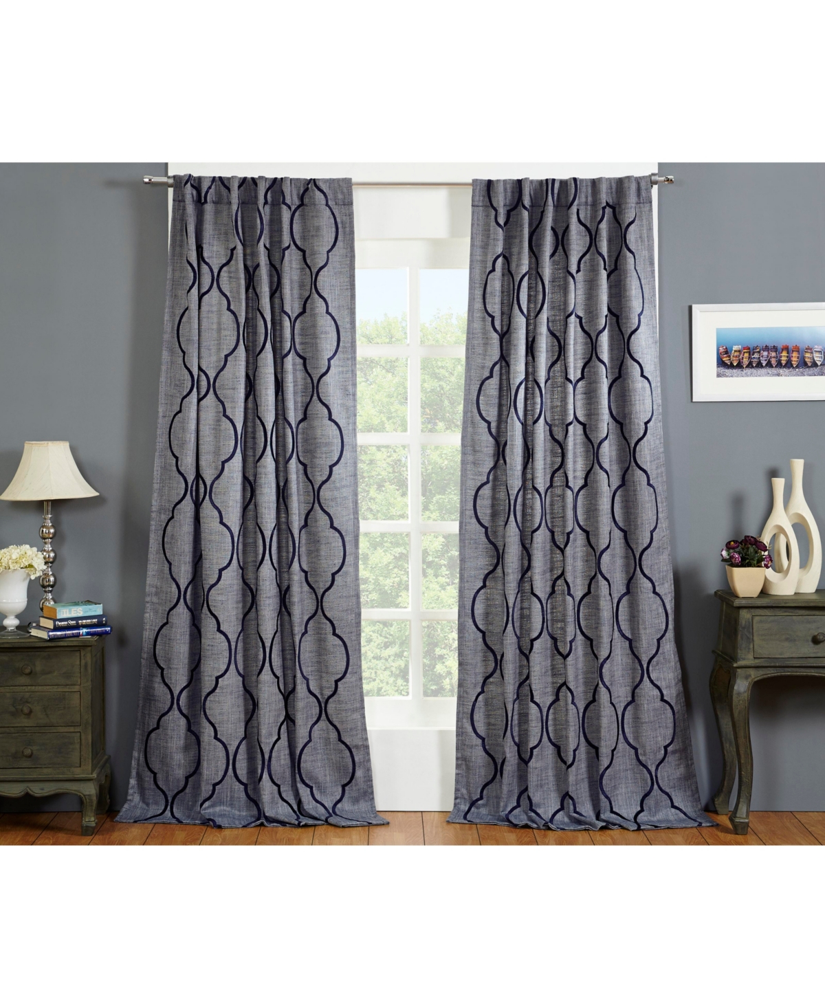 Cordoba Faux Silk Taffeta Curtain Panel - Lined with Rod Pocket and Hidden Back Tabs - Navy