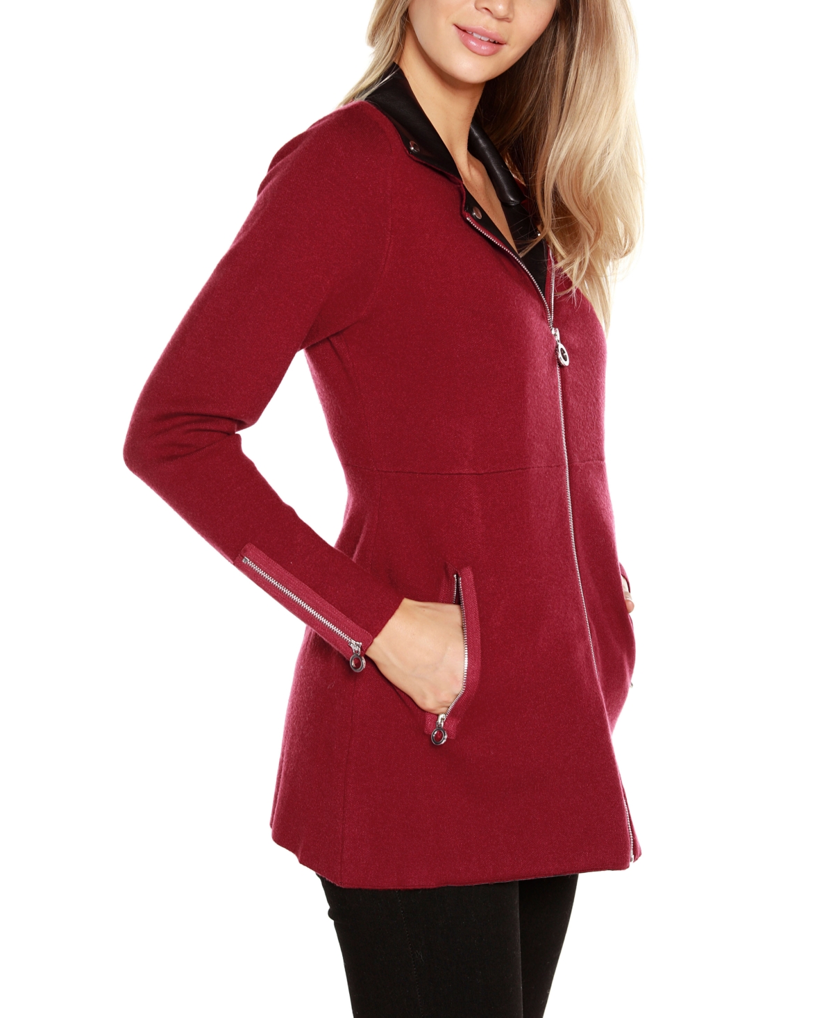 Belldini Black Label Women's Faux-Leather Collared Sweater Jacket -Black