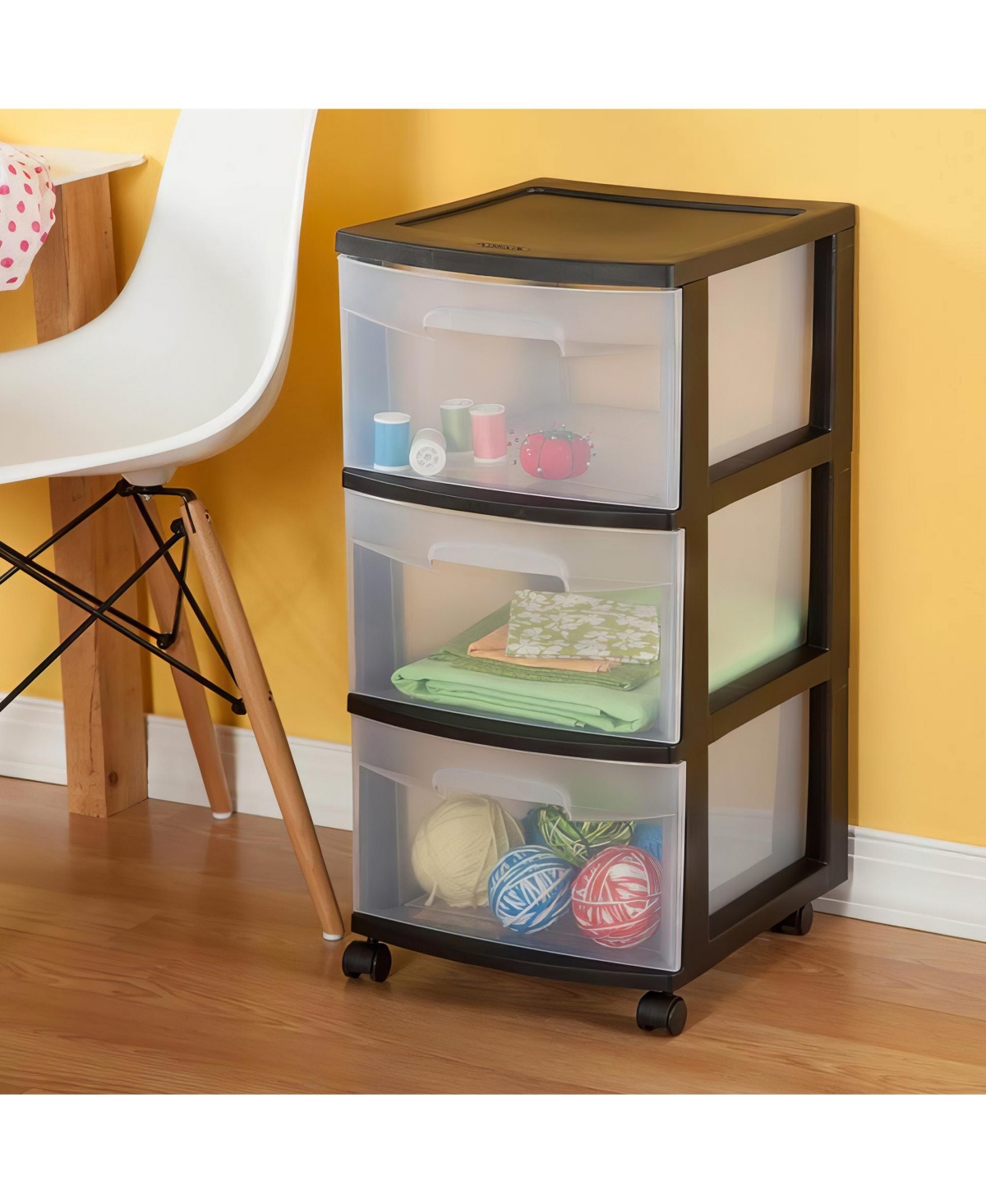 Sterilite 3-Drawer Plastic Rolling Storage Cart, Clear withFrame (2-Pack) - Black