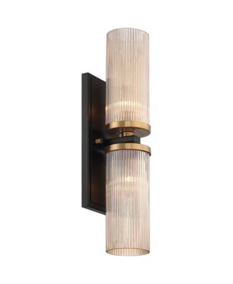 Modern Wall Light Sconce Black Brass Hardwired 4 1/4" 2-Light Fixture Ribbed Champagne Glass Shade for Bedroom Bathroom Vanity Living Room