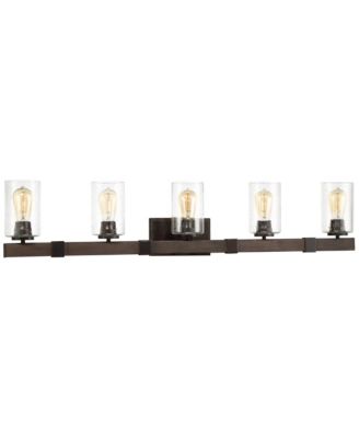 Poetry 44" 5-Light Wall Fixture Rustic Industrial Design, Wood Grain Bronze, Clear Seedy Glass Vanity Light