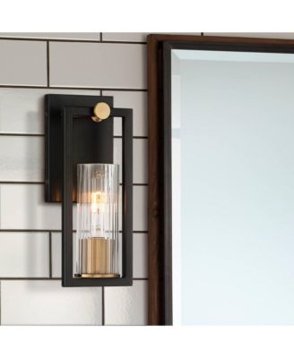 Industrial Modern Wall Light Sconces Set of 2 Black Warm Brass Hardwired 4 1/2" Fixture Clear Ribbed Glass Shade for Bedroom Bathroom Vanity