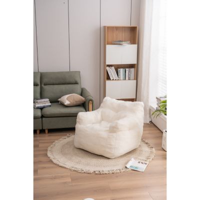 Soft Tufted Foam Bean Bag Chair With Teddy Fabric Ivory White