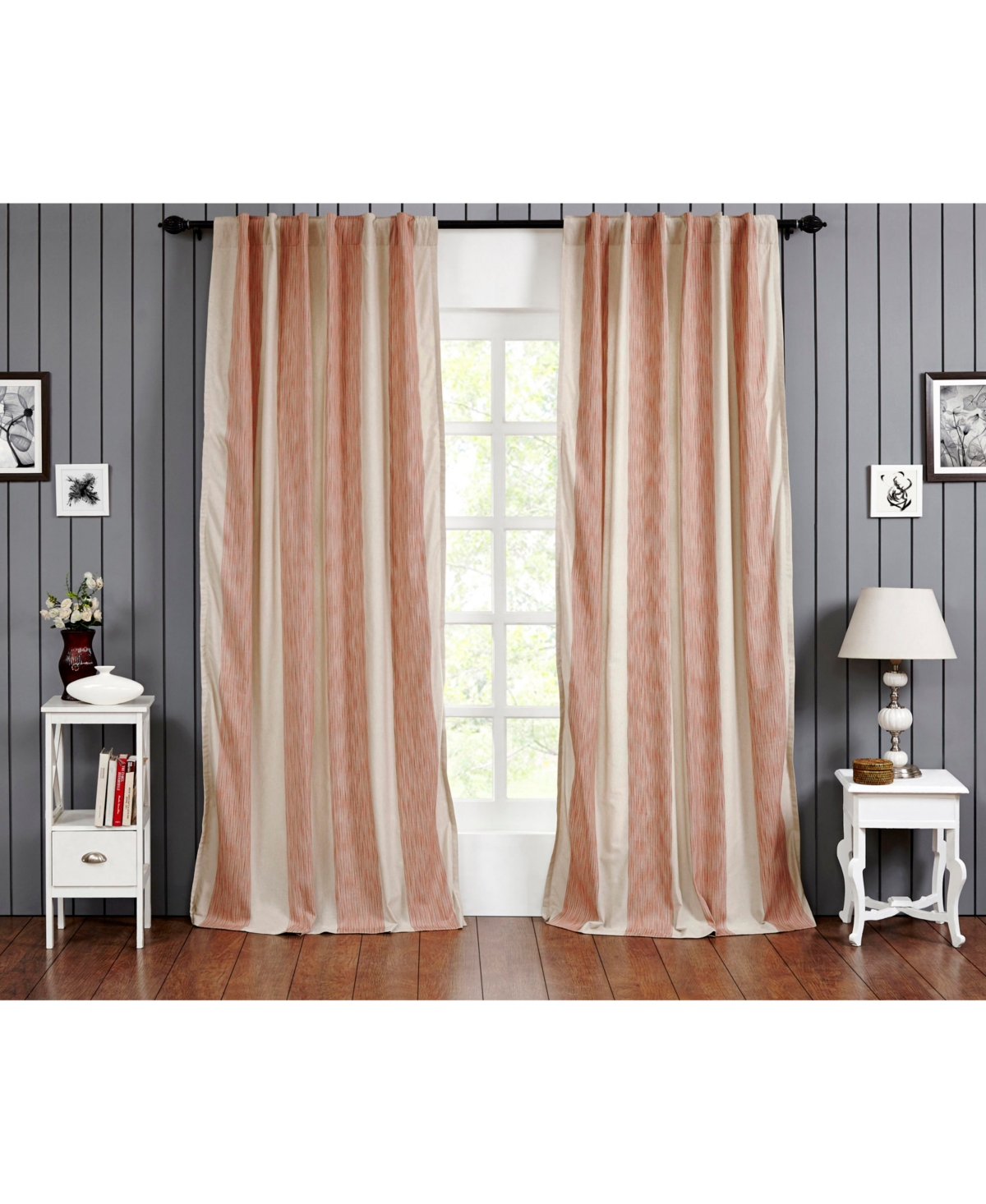 Hampton Natural Cotton Curtain Panel - Lined with Rod Pocket and Hidden Back Tabs - Navy-natural