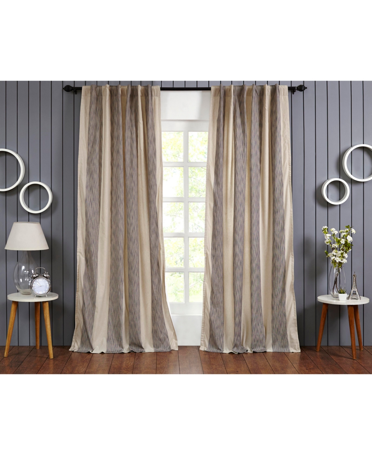 Hampton Natural Cotton Curtain Panel - Lined with Rod Pocket and Hidden Back Tabs - Navy-natural