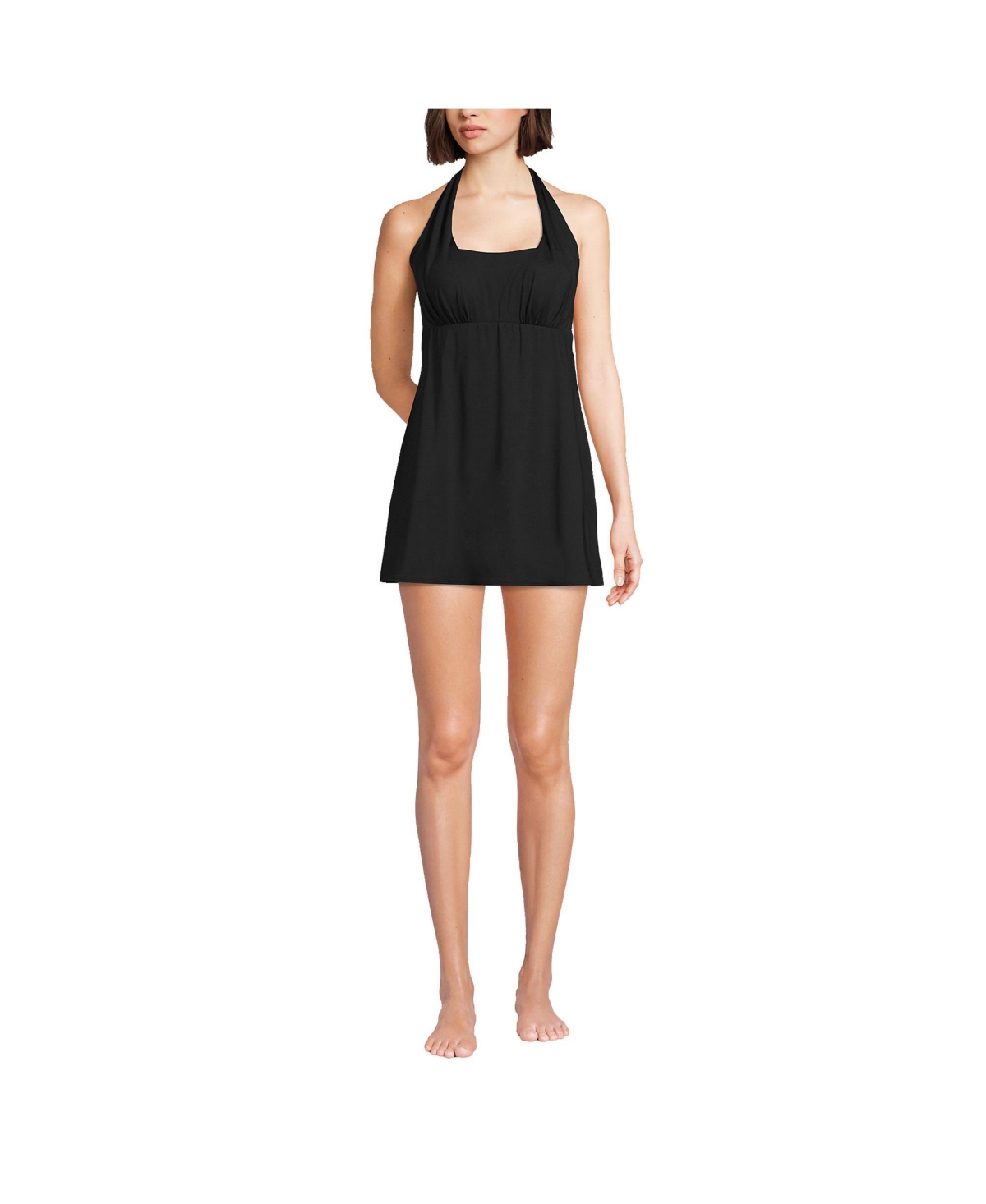 Women's Long Chlorine Resistant Square Neck Halter Swim Dress One Piece Swimsuit - Black