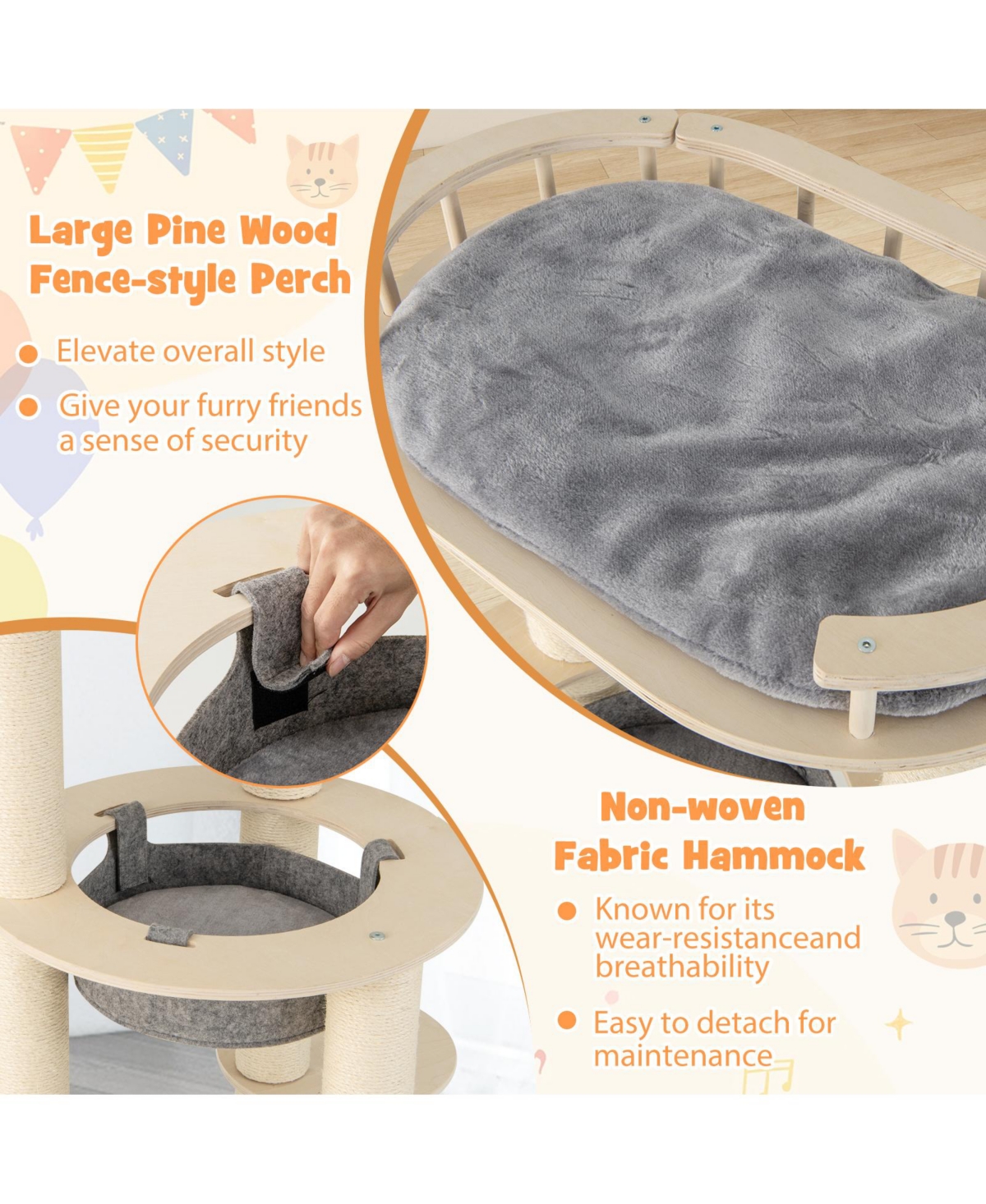 Slickblue 5-level Wooden Cat Tree with Padded Perch Non-woven Hammock-Grey - Natural and Grey