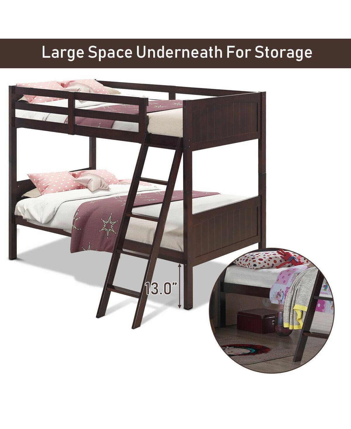 Sugift Wooden Twin Over Twin Bunk Bed Frames with Ladder and Safety Rail