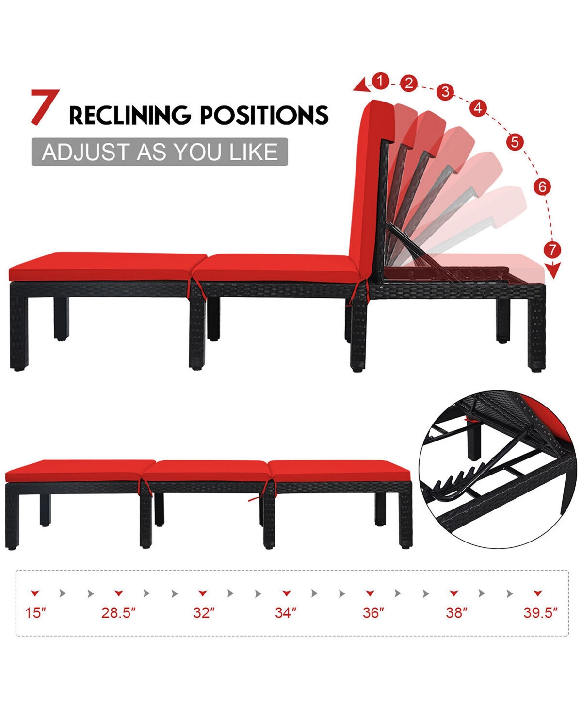 Gymax 2PCS Patio Lounge Chair Rattan Chaise w/ AdjustableCushioned - Red+off white