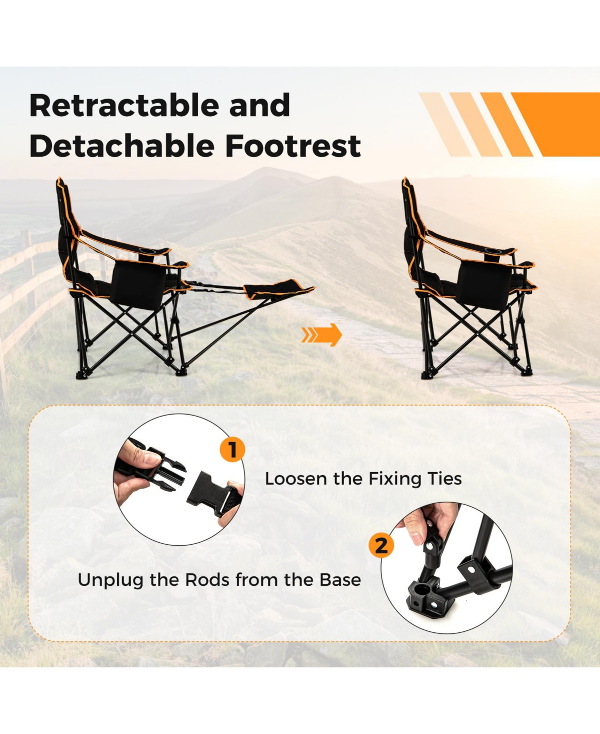 Slickblue Folding Camping Chair with Footrest Camping Lounge Chair with Carry Bag- Black