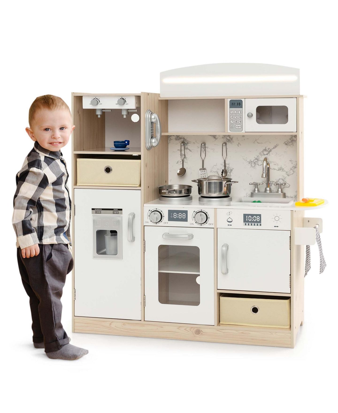 Детские игрушки Costway LED Lighting Coffee Maker 19-Piece Wooden Play Kitchen, от 3 лет, цвет: Белый — фото 1