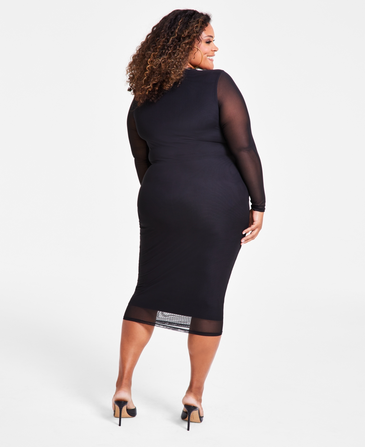 Nina Parker Trendy Plus Size Scoop-neck Long-sleeve Mesh Dress In Black Beau