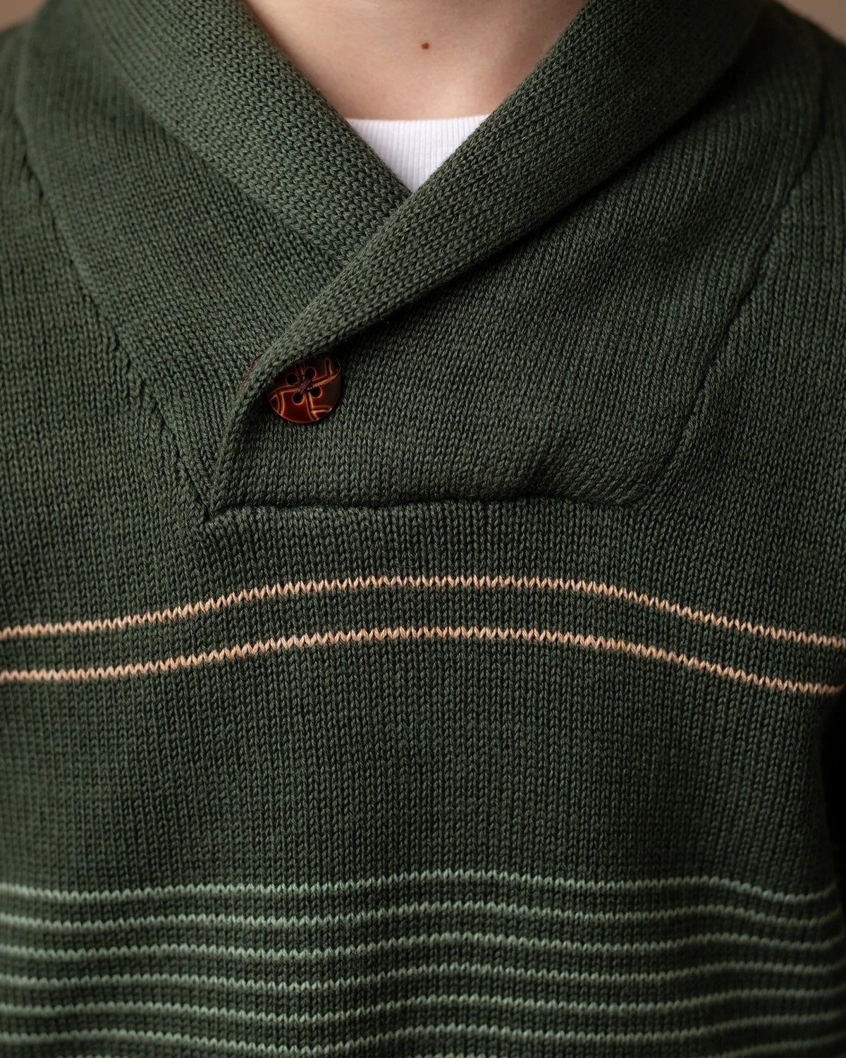 Hope & Henry Boys Organic Long Sleeve Striped Shawl Collar Sweater with Engineered Stripe - Pine and sage stripe